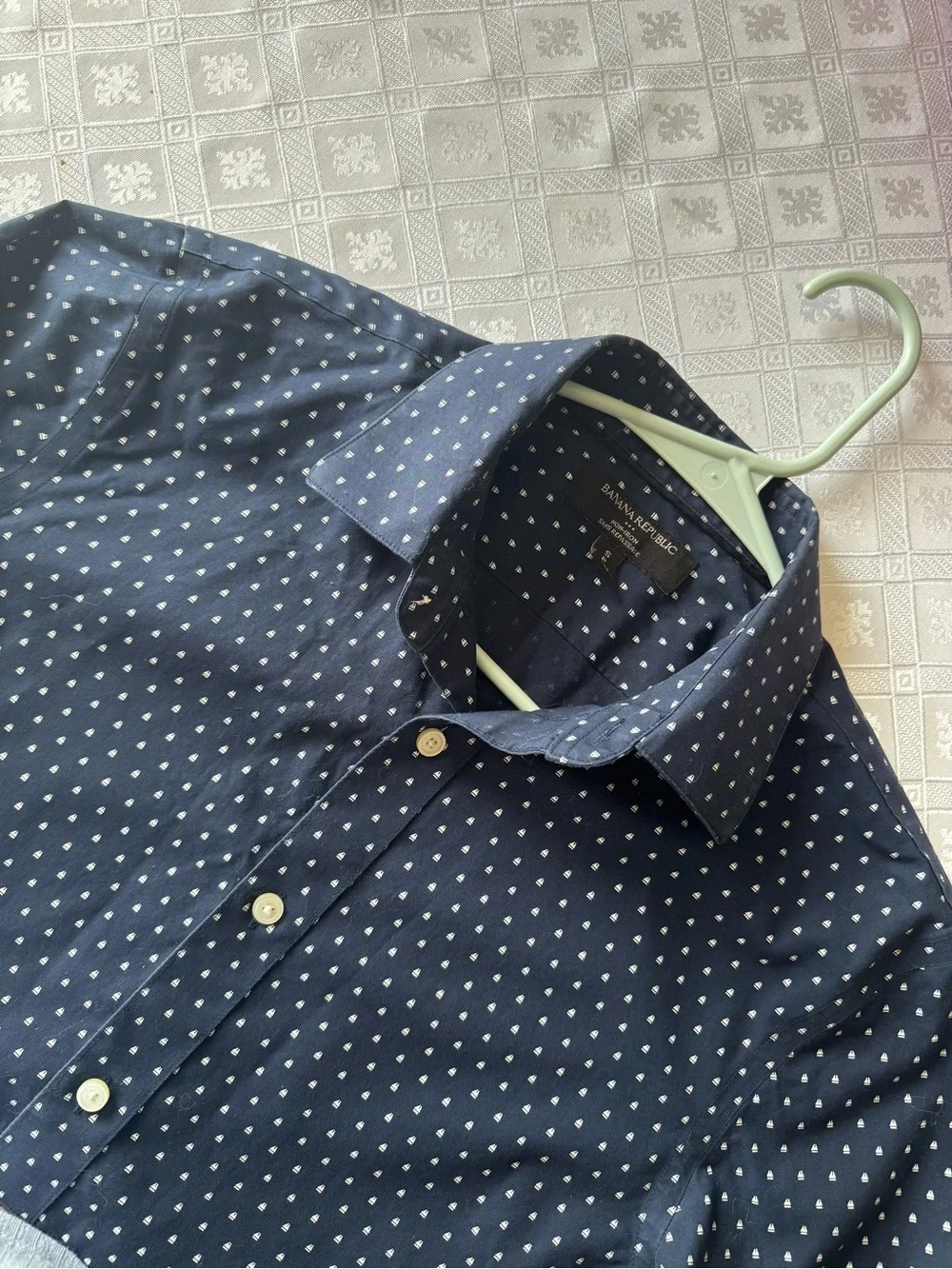 Banana Republic Navy Button-Down Shirt with White Micro-Dot Pattern